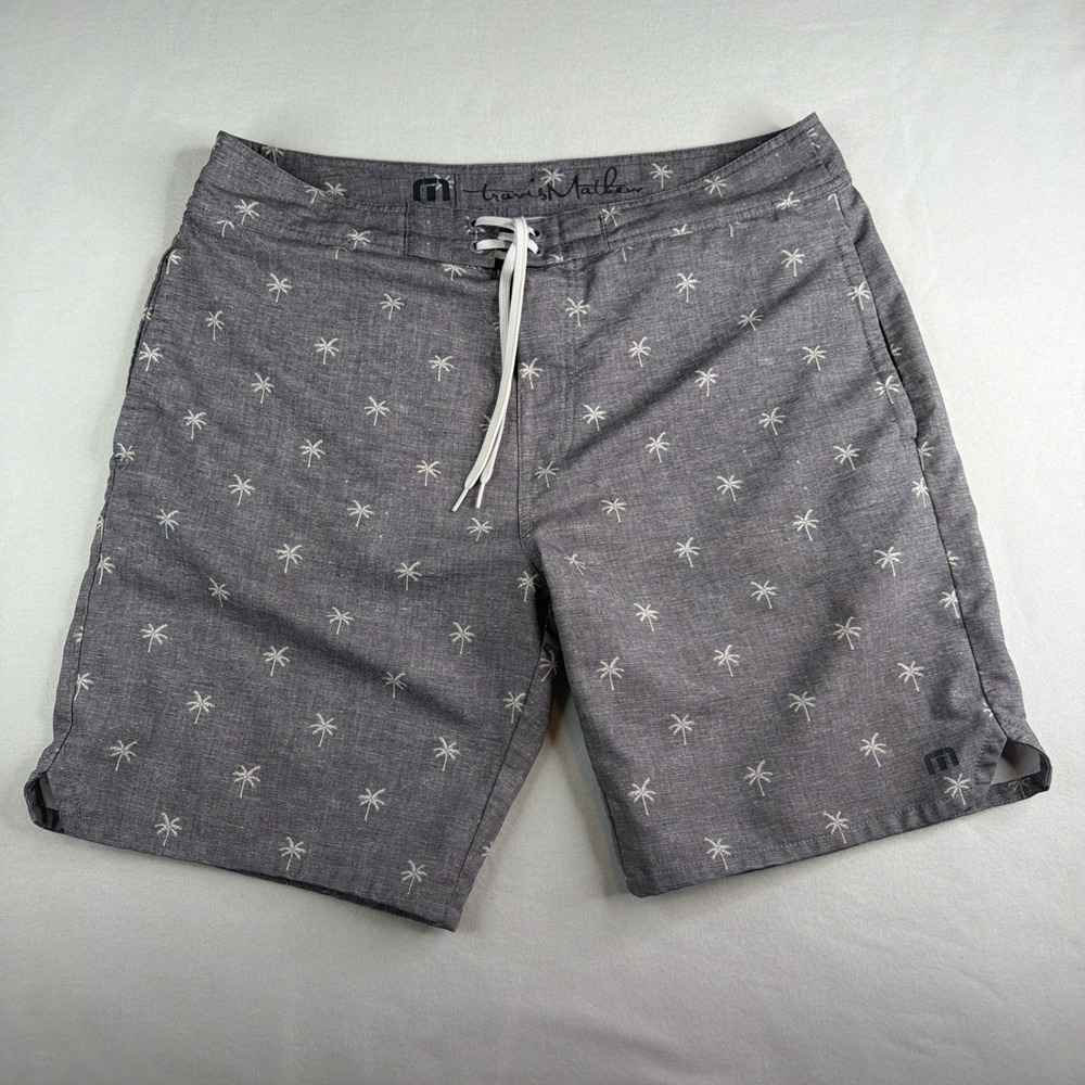 TravisMathew Rip Me Off Board Shorts Men's 36 Gray Palm Tree Stretch Swim